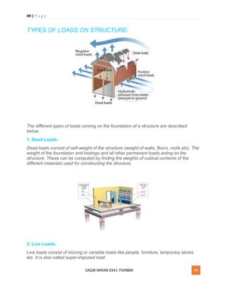 49 | P a g e
SAQIB IMRAN 0341-7549889 49
TYPES OF LOADS ON STRUCTURE:
The different types of loads coming on the foundation of a structure are described
below.
1. Dead Loads:
Dead loads consist of self-weight of the structure (weight of walls, floors, roofs etc). The
weight of the foundation and footings and all other permanent loads acting on the
structure. These can be computed by finding the weights of cubical contents of the
different materials used for constructing the structure.
2. Live Loads:
Live loads consist of moving or variable loads like people, furniture, temporary stores
etc. It is also called super-imposed load.
 