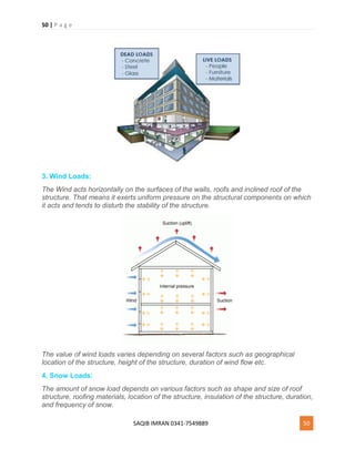 50 | P a g e
SAQIB IMRAN 0341-7549889 50
3. Wind Loads:
The Wind acts horizontally on the surfaces of the walls, roofs and inclined roof of the
structure. That means it exerts uniform pressure on the structural components on which
it acts and tends to disturb the stability of the structure.
The value of wind loads varies depending on several factors such as geographical
location of the structure, height of the structure, duration of wind flow etc.
4. Snow Loads:
The amount of snow load depends on various factors such as shape and size of roof
structure, roofing materials, location of the structure, insulation of the structure, duration,
and frequency of snow.
 
