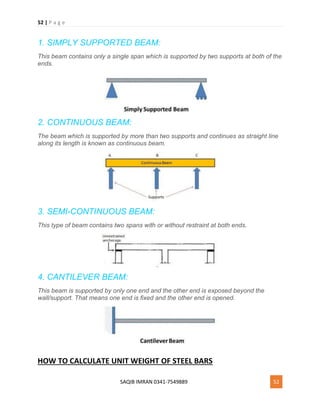 52 | P a g e
SAQIB IMRAN 0341-7549889 52
1. SIMPLY SUPPORTED BEAM:
This beam contains only a single span which is supported by two supports at both of the
ends.
2. CONTINUOUS BEAM:
The beam which is supported by more than two supports and continues as straight line
along its length is known as continuous beam.
3. SEMI-CONTINUOUS BEAM:
This type of beam contains two spans with or without restraint at both ends.
4. CANTILEVER BEAM:
This beam is supported by only one end and the other end is exposed beyond the
wall/support. That means one end is fixed and the other end is opened.
HOW TO CALCULATE UNIT WEIGHT OF STEEL BARS
 
