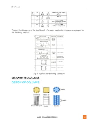 56 | P a g e
SAQIB IMRAN 0341-7549889 56
The length of hooks and the total length of a given steel reinforcement is achieved by
the following method.
Fig 2: Typical Bar Bending Schedule
DESIGN OF RCC COLUMNS
DESIGN OF COLUMNS:
 