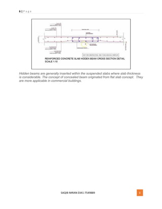 6 | P a g e
SAQIB IMRAN 0341-7549889 6
Hidden beams are generally inserted within the suspended slabs where slab thickness
is considerable. The concept of concealed beam originated from flat slab concept. They
are more applicable in commercial buildings.
 