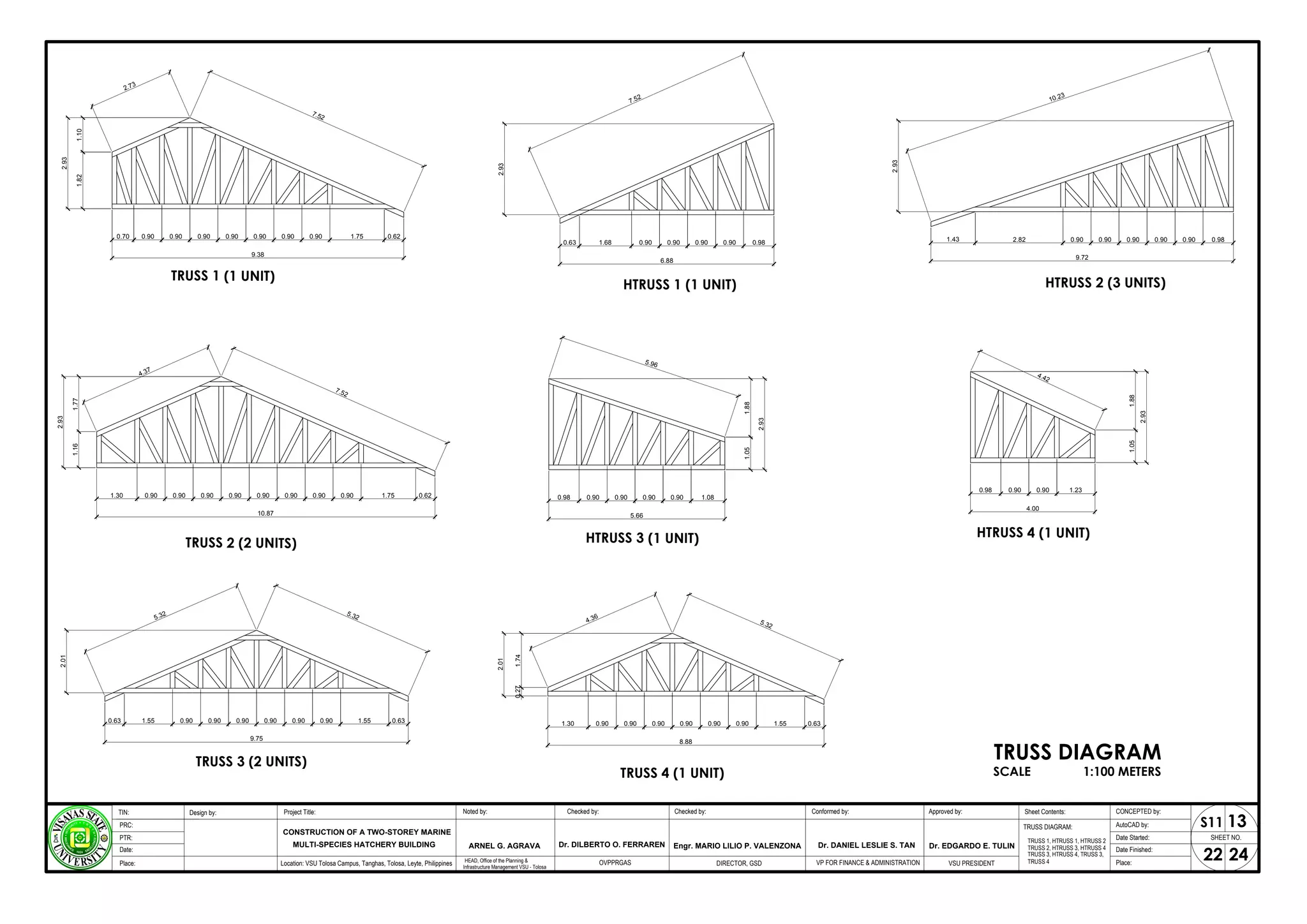TRUSS 1 (1 UNIT)
0.70 0.90 0.90 0.90 0.90 0.90 0.90 0.90 1.75 0.62
9.38
1.82
1.10
2.93
2.73
7.52
HTRUSS 1 (1 UNIT)
2.93
0.98
0.90
0.90
0.90
0.90
1.68
7.52
0.63
6.88
HTRUSS 2 (3 UNITS)
0.98
0.90
0.90
0.90
0.90
0.90
2.82
1.43
9.72
2.93
10.23
TRUSS 2 (2 UNITS)
1.16
1.77
2.93
1.30 0.90 0.90 0.90 0.90 0.90 0.90 0.90 0.90 1.75 0.62
10.87
4.37
7.52
HTRUSS 3 (1 UNIT)
0.98 0.90 0.90 0.90 0.90 1.08
5.66
1.88
1.05
2.93
5.96
HTRUSS 4 (1 UNIT)
0.98 0.90 0.90 1.23
4.00
2.93
1.88
1.05
4.42
TRUSS 3 (2 UNITS)
0.90
9.75
0.90 0.90 0.90 1.55 0.63
0.90
0.90
1.55
0.63
2.01
5.32 5.32
TRUSS 4 (1 UNIT)
1.30 0.90 0.90 0.90 0.90 0.90 0.90 1.55 0.63
8.88
1.74
0.27
2.01
4.36
5.32
TRUSS DIAGRAM
SCALE 1:100 METERS
TRUSS DIAGRAM:
TRUSS 1, HTRUSS 1, HTRUSS 2
SHEET NO.
22
Project Title: Checked by:
CONSTRUCTION OF A TWO-STOREY MARINE
Design by: Conformed by:
TIN:
PRC:
PTR:
Date:
Approved by: CONCEPTED by:
AutoCAD by:
Date Started:
Date Finished:
Location: VSU Tolosa Campus, Tanghas, Tolosa, Leyte, Philippines DIRECTOR, GSD VSU PRESIDENT Place:
Place:
Dr. EDGARDO E. TULIN
Engr. MARIO LILIO P. VALENZONA
MULTI-SPECIES HATCHERY BUILDING
24
Checked by:
Noted by:
ARNEL G. AGRAVA
HEAD, Office of the Planning &
Infrastructure Management VSU - Tolosa
13
S11
VP FOR FINANCE & ADMINISTRATION
OVPPRGAS
Dr. DILBERTO O. FERRAREN Dr. DANIEL LESLIE S. TAN TRUSS 2, HTRUSS 3, HTRUSS 4
TRUSS 3, HTRUSS 4, TRUSS 3,
Sheet Contents:
TRUSS 4
 