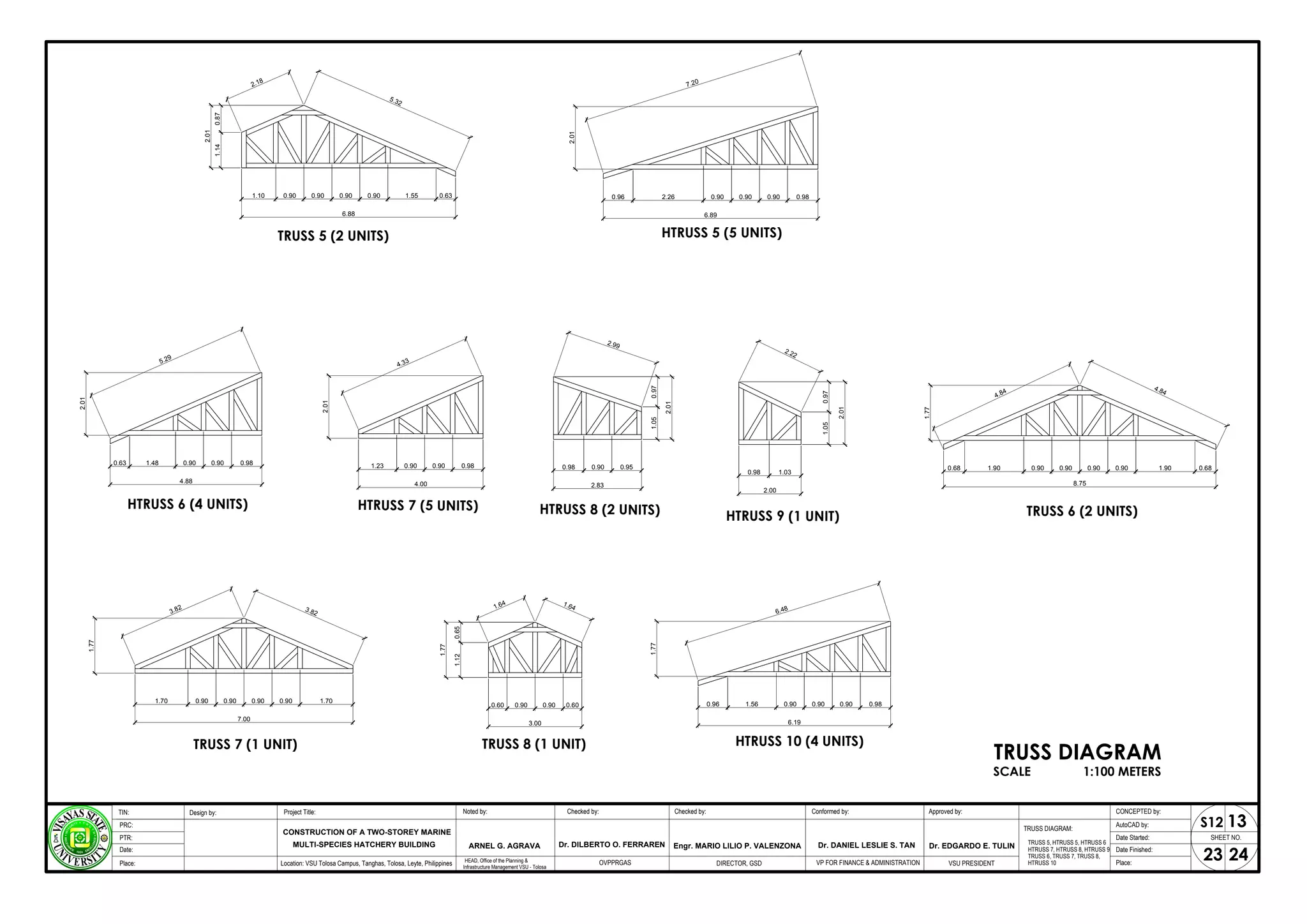 TRUSS 5 (2 UNITS)
1.10 0.90 0.90 0.90 0.90 1.55 0.63
1.14
0.87
2.01
2.18
5.32
6.88
HTRUSS 5 (5 UNITS)
0.98
0.90
0.90
0.90
2.26
0.96
6.89
2.01
7.20
HTRUSS 6 (4 UNITS)
0.98
0.90
0.90
1.48
0.63
4.88
2.01
5.29
HTRUSS 7 (5 UNITS)
0.98
0.90
0.90
1.23
4.00
2.01
4.33
HTRUSS 8 (2 UNITS)
1.05
2.01
0.97
2.99
0.98 0.90 0.95
2.83
HTRUSS 9 (1 UNIT)
0.98 1.03
2.00
2.01
0.97
1.05
2.22
TRUSS 6 (2 UNITS)
4.84
4.84
0.90 0.90 1.90
0.90
0.90
1.90
0.68
8.75
0.68
1.77
TRUSS 7 (1 UNIT)
1.70 0.90 0.90 0.90 0.90 1.70
7.00
1.77
3.82 3.82
TRUSS 8 (1 UNIT)
0.60
3.00
0.90 0.90 0.60
1.77
1.12
0.65
1.64 1.64
HTRUSS 10 (4 UNITS)
0.98
0.90
0.90
0.90
1.56
0.96
6.19
1.77
6.48
TRUSS DIAGRAM
SCALE 1:100 METERS
SHEET NO.
23
Project Title: Checked by:
CONSTRUCTION OF A TWO-STOREY MARINE
Design by: Conformed by:
TIN:
PRC:
PTR:
Date:
Approved by: CONCEPTED by:
AutoCAD by:
Date Started:
Date Finished:
Location: VSU Tolosa Campus, Tanghas, Tolosa, Leyte, Philippines DIRECTOR, GSD VSU PRESIDENT Place:
Place:
Dr. EDGARDO E. TULIN
Engr. MARIO LILIO P. VALENZONA
MULTI-SPECIES HATCHERY BUILDING
24
Checked by:
Noted by:
ARNEL G. AGRAVA
HEAD, Office of the Planning &
Infrastructure Management VSU - Tolosa
13
S12
VP FOR FINANCE & ADMINISTRATION
OVPPRGAS
Dr. DILBERTO O. FERRAREN Dr. DANIEL LESLIE S. TAN
TRUSS DIAGRAM:
TRUSS 5, HTRUSS 5, HTRUSS 6
HTRUSS 7, HTRUSS 8, HTRUSS 9
TRUSS 6, TRUSS 7, TRUSS 8,
HTRUSS 10
 