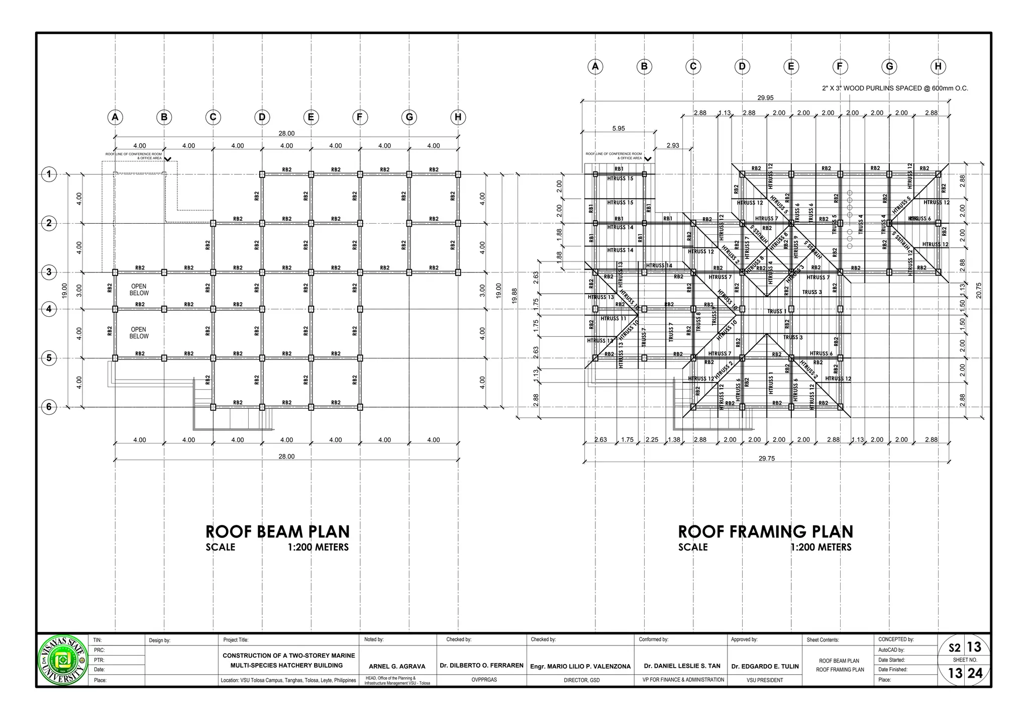 4.00 4.00 4.00 4.00 4.00
28.00
4.00
4.00
3.00
4.00
4.00
19.00
4.00 4.00 4.00 4.00
4.00
4.00
3.00
19.00
4.00
28.00
4.00 4.00
4.00
4.00
4.00 4.00
RB2
RB2
A B E
C D F G H
1
2
3
4
5
6
RB2 RB2 RB2
RB2 RB2 RB2
RB2
RB2 RB2 RB2 RB2 RB2 RB2 RB2
RB2 RB2
RB2 RB2 RB2 RB2 RB2
RB2 RB2 RB2
RB2
RB2
RB2
RB2
RB2
RB2
RB2
RB2
RB2
RB2
RB2
RB2
RB2
RB2
RB2
RB2
RB2
RB2
RB2
RB2
RB2
RB2
RB2
RB2
ROOF LINE OF CONFERENCE ROOM
& OFFICE AREA
OPEN
BELOW
OPEN
BELOW
RB2
5.95
2.00 2.00 2.00
29.95
2.00
2.00
1.88
1.88
1.13
19.88
2.00 2.00 2.00 2.88
2.88
2.00
2.00
20.75
2.00
2.00 2.88
2.88
2.88
2.00 2.88
RB2
RB2
A B E
C D F G H
RB2 RB2 RB2
RB2
RB2 RB2
RB2
RB2 RB2
RB2 RB2 RB2 RB2 RB2
RB2 RB2
RB2 RB2
RB2
RB2
RB2
RB2 RB2 RB2
RB2
RB2
RB2
RB2
RB2
RB2
RB2
RB2
RB2
RB2
RB2
RB2
RB2
RB2
RB2
RB2
RB2
RB2
RB2
RB2
RB2
RB2
RB2
RB2
ROOF LINE OF CONFERENCE ROOM
& OFFICE AREA
RB1
RB1
RB1
RB1
RB1
RB1
RB1
2.00
2.00
2.88
2.00
1.13
2.88
2.00
2.00
1.50
1.50
1.13
2.63
1.75
1.75
2.63
2.88
1.13
2.88
2.93
2.63 1.75 2.25 1.38
29.75
HTRUSS
1
H
T
R
U
S
S
2
HTRUSS
2
HTRUSS 12
HTRUSS
12
HTRUSS
12
HTRUSS 12
HTRUSS 12 HTRUSS 12
HTRUSS 12
HTRUSS 12
HTRUSS
12
HTRUSS
12
HTRUSS
12
HTRUSS
12
H
T
R
U
S
S
2
HTRUSS
5
H
T
R
U
S
S
5
H
T
R
U
S
S
5
HTRUSS 6
TRUSS
4
TRUSS
4
H
T
R
U
S
S
5
H
T
R
U
S
S
1
0
HTRUSS
10
H
T
R
U
S
S
1
0
HTRUSS
10
HTRUSS 11
HTRUSS 13
HTRUSS 13
HTRUSS
13
HTRUSS
13
TRUSS
7
TRUSS
7
HTRUSS 6
HTRUSS
6
HTRUSS
6
HTRUSS 7
TRUSS
8
TRUSS
9
TRUSS 1
TRUSS 3
TRUSS 3
TRUSS
5
TRUSS
6
TRUSS
6
HTRUSS 7
HTRUSS 7
HTRUSS 7
HTRUSS
7
H
T
R
U
S
S
5
HTRUSS
8
HTRUSS
8
H
T
R
U
S
S
3
HTRUSS
9
HTRUSS
4
HTRUSS 14
HTRUSS 14
HTRUSS 14
HTRUSS 15
HTRUSS 15
RB2
2" X 3" WOOD PURLINS SPACED @ 600mm O.C.
ROOF BEAM PLAN
SCALE 1:200 METERS
ROOF FRAMING PLAN
SCALE 1:200 METERS
ROOF BEAM PLAN
ROOF FRAMING PLAN
SHEET NO.
13
Project Title: Checked by:
CONSTRUCTION OF A TWO-STOREY MARINE
Design by: Conformed by:
TIN:
PRC:
PTR:
Date:
Approved by: CONCEPTED by:
AutoCAD by:
Date Started:
Date Finished:
Location: VSU Tolosa Campus, Tanghas, Tolosa, Leyte, Philippines DIRECTOR, GSD VSU PRESIDENT Place:
Place:
Dr. EDGARDO E. TULIN
Engr. MARIO LILIO P. VALENZONA
MULTI-SPECIES HATCHERY BUILDING
24
Checked by:
Noted by:
ARNEL G. AGRAVA
HEAD, Office of the Planning &
Infrastructure Management VSU - Tolosa
13
S2
VP FOR FINANCE & ADMINISTRATION
OVPPRGAS
Dr. DILBERTO O. FERRAREN Dr. DANIEL LESLIE S. TAN
Sheet Contents:
 