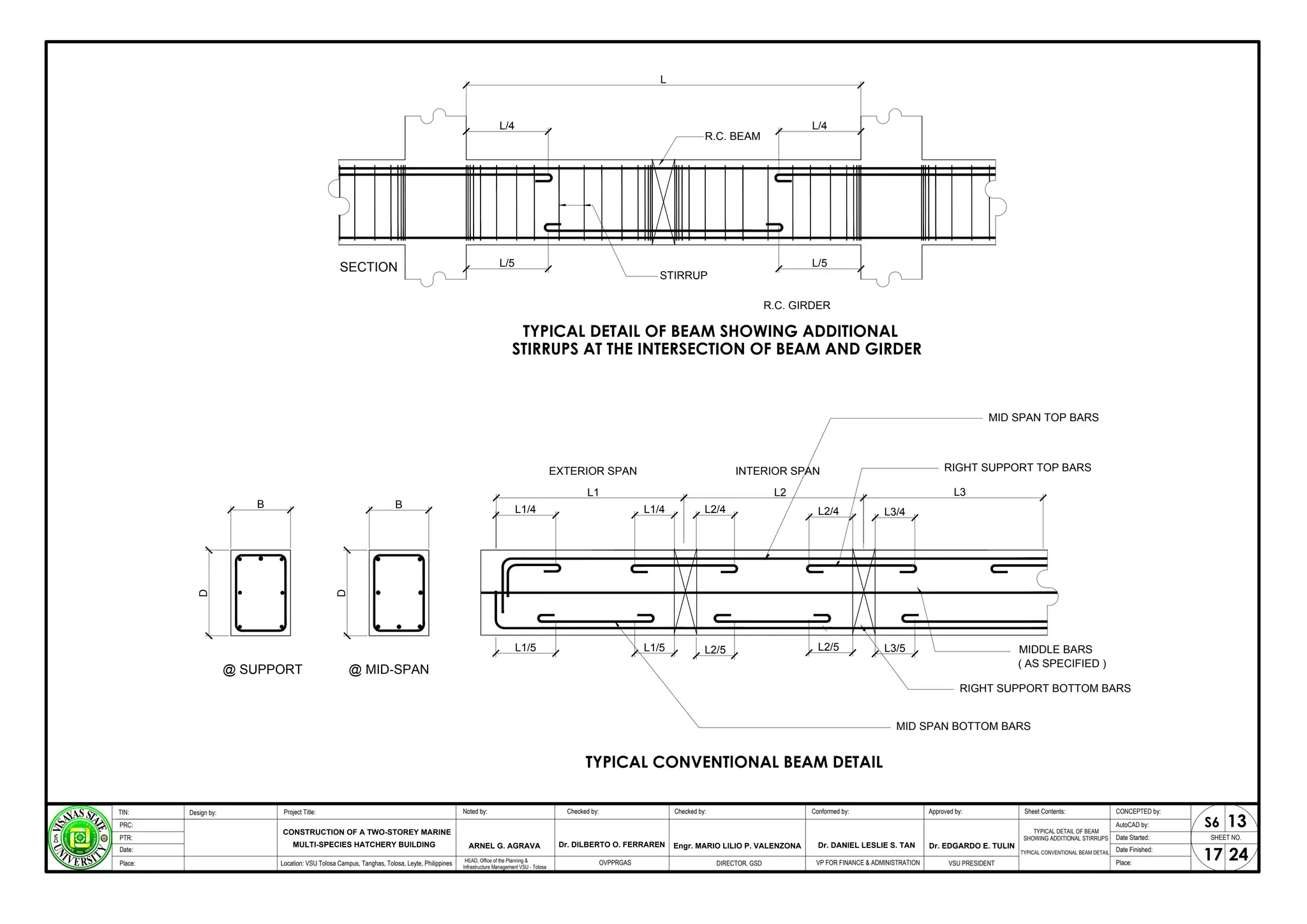 R.C. BEAM
L
L/4
L/5
STIRRUP
SECTION
L/4
L/5
R.C. GIRDER
TYPICAL DETAIL OF BEAM SHOWING ADDITIONAL
STIRRUPS AT THE INTERSECTION OF BEAM AND GIRDER
L2
L2/5
L2/4
L1/5
L1/4
L1/5
D
@ MID-SPAN
B L1/4
L1
EXTERIOR SPAN
D
@ SUPPORT
B
L2/5
L2/4
INTERIOR SPAN
MID SPAN TOP BARS
RIGHT SUPPORT TOP BARS
MIDDLE BARS
( AS SPECIFIED )
RIGHT SUPPORT BOTTOM BARS
MID SPAN BOTTOM BARS
L3
L3/5
L3/4
TYPICAL CONVENTIONAL BEAM DETAIL
TYPICAL DETAIL OF BEAM
SHOWING ADDITIONAL STIRRUPS
TYPICAL CONVENTIONAL BEAM DETAIL
SHEET NO.
17
Project Title: Checked by:
CONSTRUCTION OF A TWO-STOREY MARINE
Design by: Conformed by:
TIN:
PRC:
PTR:
Date:
Approved by: CONCEPTED by:
AutoCAD by:
Date Started:
Date Finished:
Location: VSU Tolosa Campus, Tanghas, Tolosa, Leyte, Philippines DIRECTOR, GSD VSU PRESIDENT Place:
Place:
Dr. EDGARDO E. TULIN
Engr. MARIO LILIO P. VALENZONA
MULTI-SPECIES HATCHERY BUILDING
24
Checked by:
Noted by:
ARNEL G. AGRAVA
HEAD, Office of the Planning &
Infrastructure Management VSU - Tolosa
13
S6
VP FOR FINANCE & ADMINISTRATION
OVPPRGAS
Dr. DILBERTO O. FERRAREN Dr. DANIEL LESLIE S. TAN
Sheet Contents:
 
