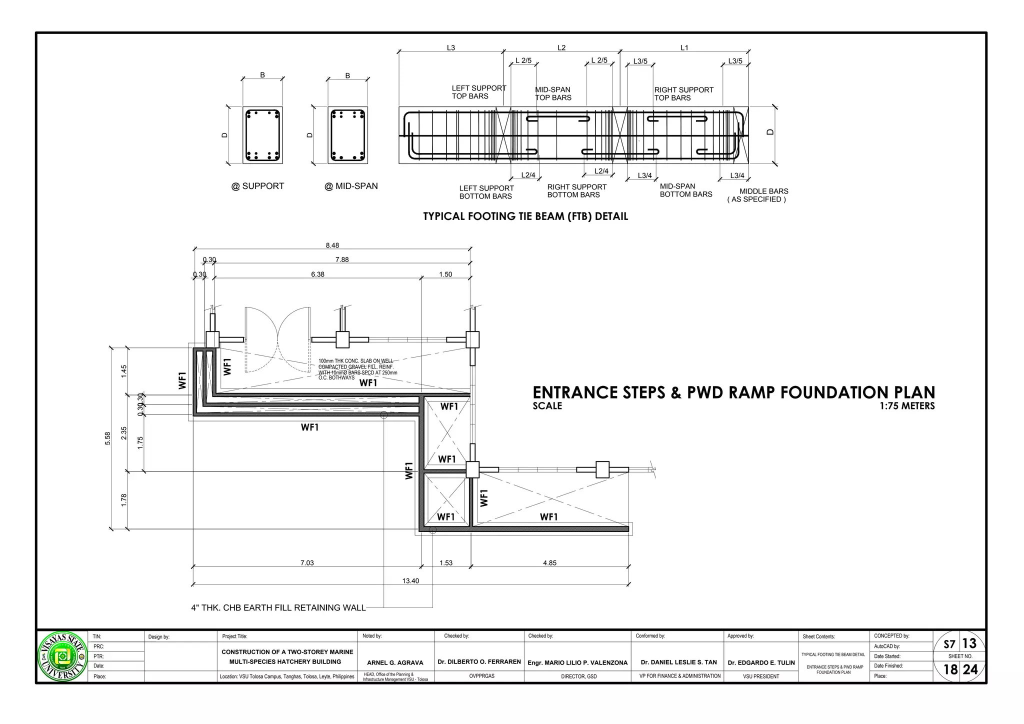 MID-SPAN
L2/4
L2
TOP BARS
L 2/5
LEFT SUPPORT
LEFT SUPPORT
BOTTOM BARS
D
@ MID-SPAN
L3
TOP BARS
B B
@ SUPPORT
D
L3/4
L3/5
L1
L2/4
RIGHT SUPPORT
BOTTOM BARS
L 2/5
L3/4
MIDDLE BARS
( AS SPECIFIED )
D
L3/5
RIGHT SUPPORT
TOP BARS
MID-SPAN
BOTTOM BARS
TYPICAL FOOTING TIE BEAM (FTB) DETAIL
100mm THK CONC. SLAB ON WELL
COMPACTED GRAVEL FILL. REINF.
O.C. BOTHWAYS
0.30
0.30
6.38 1.50
8.48
1.45
0.30
0.30
7.88
7.03 1.53 4.85
13.40
1.75
1.78
5.58
2.35
ENTRANCE STEPS & PWD RAMP FOUNDATION PLAN
SCALE 1:75 METERS
TYPICAL FOOTING TIE BEAM DETAIL
ENTRANCE STEPS & PWD RAMP
SHEET NO.
18
Project Title: Checked by:
CONSTRUCTION OF A TWO-STOREY MARINE
Design by: Conformed by:
TIN:
PRC:
PTR:
Date:
Approved by: CONCEPTED by:
AutoCAD by:
Date Started:
Date Finished:
Location: VSU Tolosa Campus, Tanghas, Tolosa, Leyte, Philippines DIRECTOR, GSD VSU PRESIDENT Place:
Place:
Dr. EDGARDO E. TULIN
Engr. MARIO LILIO P. VALENZONA
MULTI-SPECIES HATCHERY BUILDING
24
Checked by:
Noted by:
ARNEL G. AGRAVA
HEAD, Office of the Planning &
Infrastructure Management VSU - Tolosa
13
S7
VP FOR FINANCE & ADMINISTRATION
OVPPRGAS
Dr. DILBERTO O. FERRAREN Dr. DANIEL LESLIE S. TAN
FOUNDATION PLAN
Sheet Contents:
 