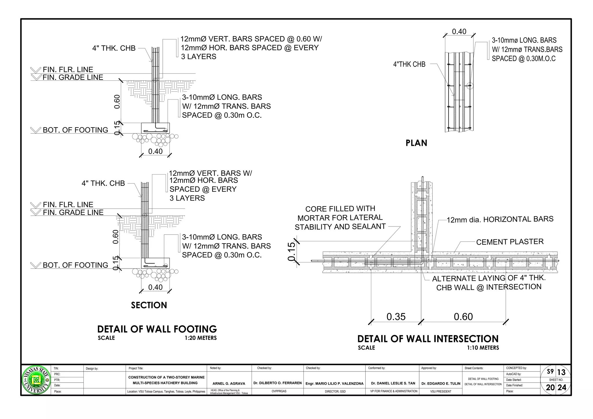 CORE FILLED WITH
MORTAR FOR LATERAL
STABILITY AND SEALANT
12mm dia. HORIZONTAL BARS
CEMENT PLASTER
ALTERNATE LAYING OF 4" THK.
CHB WALL @ INTERSECTION
0.35 0.60
0.15
SPACED @ 0.30m O.C.
0.60
0.15
BOT. OF FOOTING
4" THK. CHB
FIN. GRADE LINE
FIN. FLR. LINE
SPACED @ EVERY
3 LAYERS
SPACED @ 0.30m O.C.
0.60
0.40
0.15
BOT. OF FOOTING
4" THK. CHB
FIN. GRADE LINE
FIN. FLR. LINE
0.40
3 LAYERS
W/ 12mm TRANS.BARS
SPACED @ 0.30M.O.C
0.40
4"THK CHB
PLAN
SECTION
DETAIL OF WALL FOOTING
SCALE 1:20 METERS DETAIL OF WALL INTERSECTION
SCALE 1:10 METERS
DETAIL OF WALL FOOTING
DETAIL OF WALL INTERSECTION
SHEET NO.
20
Project Title: Checked by:
CONSTRUCTION OF A TWO-STOREY MARINE
Design by: Conformed by:
TIN:
PRC:
PTR:
Date:
Approved by: CONCEPTED by:
AutoCAD by:
Date Started:
Date Finished:
Location: VSU Tolosa Campus, Tanghas, Tolosa, Leyte, Philippines DIRECTOR, GSD VSU PRESIDENT Place:
Place:
Dr. EDGARDO E. TULIN
Engr. MARIO LILIO P. VALENZONA
MULTI-SPECIES HATCHERY BUILDING
24
Checked by:
Noted by:
ARNEL G. AGRAVA
HEAD, Office of the Planning &
Infrastructure Management VSU - Tolosa
13
S9
VP FOR FINANCE & ADMINISTRATION
OVPPRGAS
Dr. DILBERTO O. FERRAREN Dr. DANIEL LESLIE S. TAN
Sheet Contents:
 