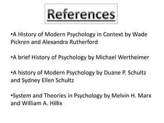 •A History of Modern Psychology in Context by Wade
Pickren and Alexandra Rutherford
•A brief History of Psychology by Michael Wertheimer
•A history of Modern Psychology by Duane P. Schultz
and Sydney Ellen Schultz
•System and Theories in Psychology by Melvin H. Marx
and William A. Hillix
 