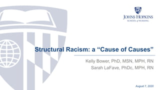 Structural Racism: a “Cause of Causes”
Kelly Bower, PhD, MSN, MPH, RN
Sarah LaFave, PhDc, MPH, RN
August 7, 2020
 