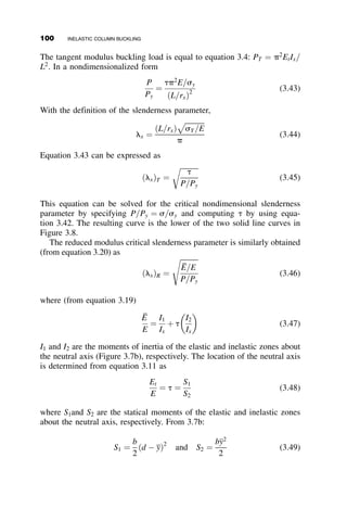 yð0Þ ¼ 
T
EI
1
3a2  b2
 	
; uð0Þ ¼
T
EI
2a
3a2  b2
 	
; Mð0Þ ¼ T;
Vð0Þ ¼ T
4aða2
 b2
Þ
3a2  b2
 	
APPENDIX 2.1
Equation 2.2:
d2
u
ds2
þK2
sin u ¼ 0
Multiply by du and integrate:
Ð d2
u
ds2
du þ K2
ð
sin udu ¼ 0
ð
d2
u
ds2
du
ds
ds þ K2
ð
sin udu ¼ 0
1
2
ð
s
0
d
ds
du
ds
 	2
ds þ K2
ð
u
uo
sin udu ¼ 0 ¼
1
2
du
ds
 	2
 #s
0
K2
½cos uu
uo
at s ¼ 0, the curvature fð0Þ ¼ 0 ¼
du
ds
ð0Þ
;
du
ds
 	2
¼ 2K2
ðcos u  cos uoÞ ¼ 4K2
sin2 uo
2
 sin2 u
2
 	
du
ds
¼ 2K
ﬃﬃﬃﬃﬃﬃﬃﬃﬃﬃﬃﬃﬃﬃﬃﬃﬃﬃﬃﬃﬃﬃﬃﬃﬃﬃﬃﬃﬃﬃ
sin2 uo
2
 sin2 u
2
r
Use the negative sign because u decreases from z ¼ 0 to z ¼ L=2
;  2Kds ¼
du
ﬃﬃﬃﬃﬃﬃﬃﬃﬃﬃﬃﬃﬃﬃﬃﬃﬃﬃﬃﬃﬃﬃﬃﬃﬃﬃﬃﬃ
sin2 uo
2  sin2 u
2
q
Q
x
y
θ
T
Fig. p2.9c
APPENDIX 2.1 85
 