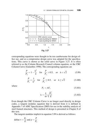 The equilibrium of the applied forces with the stresses is
P ¼
ð
A
sdA ¼ scbd  ðsc þ stÞ
bd
2
 
¼
sc  st
2
 
bd (3.70)
M ¼
ð
A
sydA ¼ ðsc þ stÞ
bd
2
 
d
6
 
¼ ðsc þ stÞ
bd2
12
 
(3.71)
Assuming small strains, that is tan f ¼ f, we get from the geometry of the
stress block in Figure 3.14:
Ef ¼
st þ sc
d
(3.72)
The following quantities are introduced here for use in the derivations:
Yield forceð‘‘squash load’’Þ: Py ¼ bdsy
Yield moment: My ¼ bd2
sy=6
Yield curvature: fy ¼ 2sy=Ed
Equation 3.70 can be rearranged as follows:
P
Py
¼
1
2
sc
sy

st
sy
 
!
sc
sy
¼ 2
P
Py
þ
st
sy
(3.73)
From equations. 3.72 and 3.73 we get:
st
sy
¼
f
fy

P
Py
sc
sy
¼
f
fy
þ
P
Py
(3.74)
= –
σc
σc
σt σc + σt
Eφ d/2
d/6
Fig. 3.14 Case I stress distribution.
110 INELASTIC COLUMN BUCKLING
 