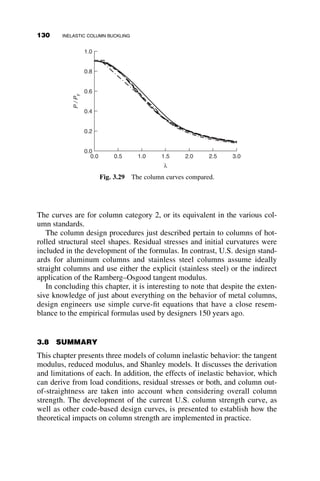 maximum moment is defined as the plastic moment in the presence of axial
force, Mpc.
Mpc
My
¼
3
2
1 
P
Py
 2
 #
(3.78)
In case P ¼ 0, that is, bending moment only,
Mp ¼
3
2
My ¼
3
2

bd2
sy
6
¼
bd2
sy
4
(3.79)
and therefore
Mpc
Mp
¼ 1 
P
Py
 2
 #
(3.80)
b
d
M
P
σ = stress
σy
ε = strain
Cross-section Ideal elastic-plastic stress-strain curve
Fig. 3.18 Recapitulation of definitions.
Fig. 3.19 Typical M-f-P curve.
3.6 EFFECT OF INITIAL OUT-OF-STRAIGHTNESS AND LOAD ECCENTRICITY 115
 
