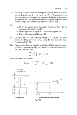The maximum value of the axial load P will be attained when the change
in the external moment dMe can no longer be resisted by the change in the
internal moment dMi at the center of the member where the moment is larg-
est. The stability criterion is thus dMe=dvo ¼ dMi=dvo. Nondimensionally
dðMe  MiÞ=My
dðvo=dÞ
(3.88)
The maximum occurs when some portion of the column is yielded. The
load-deflection curve is shown schematically in Figure 3.22. There are two
cases of yielding: compression only (Case II, Figure 3.15) and compression
and tension (Case III, Figure 3.16).
Case II, yielding in compression
The moment-curvature-thrust relationship is equal to (from equa-
tion 3.76):
Mi
My
¼ 3 1 
P
Py
 

2 1  P
Py
 3
2
f
fy
 1
2
(3.89)
With equations 3.87 and 3.84, we obtain the following equation for the
difference between the external and the internal moments:
Me  Mi
My
¼ 6
P
Py
ei
d
þ
voi
d
þ
vo
d
 
 3 1 
P
Py
 
þ
2 1  P
Py
 3
2
f
fy
 1
2
(3.90)
voi + vo
P
Pmax
voi
Fig. 3.22 Sketch of load-deflection
curve.
118 INELASTIC COLUMN BUCKLING
 