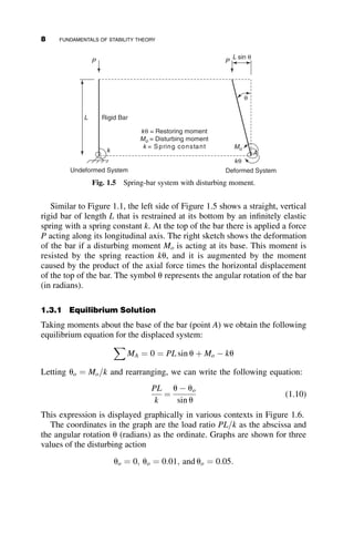 Similar to Figure 1.1, the left side of Figure 1.5 shows a straight, vertical
rigid bar of length L that is restrained at its bottom by an infinitely elastic
spring with a spring constant k. At the top of the bar there is applied a force
P acting along its longitudinal axis. The right sketch shows the deformation
of the bar if a disturbing moment Mo is acting at its base. This moment is
resisted by the spring reaction ku, and it is augmented by the moment
caused by the product of the axial force times the horizontal displacement
of the top of the bar. The symbol u represents the angular rotation of the bar
(in radians).
1.3.1 Equilibrium Solution
Taking moments about the base of the bar (point A) we obtain the following
equilibrium equation for the displaced system:
X
MA ¼ 0 ¼ PL sin u þ Mo  ku
Letting uo ¼ Mo=k and rearranging, we can write the following equation:
PL
k
¼
u  uo
sin u
(1.10)
This expression is displayed graphically in various contexts in Figure 1.6.
The coordinates in the graph are the load ratio PL=k as the abscissa and
the angular rotation u (radians) as the ordinate. Graphs are shown for three
values of the disturbing action
uo ¼ 0; uo ¼ 0:01; and uo ¼ 0:05:
L sin θ
P
P
Rigid Bar
kθ
A
Mo
kθ = Restoring moment
Mo = Disturbing moment
k = Spring constant
k
L
θ
Undeformed System Deformed System
Fig. 1.5 Spring-bar system with disturbing moment.
8 FUNDAMENTALS OF STABILITY THEORY
 