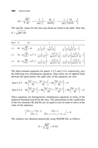 Mmax ¼ Mowapprox
wapprox ¼ 1 þ
2P
pPE
X
n
1
½1  ð1Þn
sin
np
2
n n2  P
PE

 
The approximate amplification factor is equal to zero if n is even. Thus
wapprox ¼ 1 þ
4
p

P
PE
1
1  P
PE

1
3ð9  P
PE
Þ
þ
1
5ð25  P
PE
Þ
   
 #
(4.12)
The analytically exact value of the moment amplification factor is given by
equation 4.5. For the case of uniform bending, this becomes equal to
w ¼
ﬃﬃﬃﬃﬃﬃﬃﬃﬃﬃﬃﬃﬃﬃﬃﬃﬃﬃﬃﬃﬃﬃﬃﬃﬃﬃﬃ
2ð1  cos kLÞ
p
sin kL
(4.13)
Table 4.2 compares the amplification factors. The values for n ¼ 5 are very
close to the exact ones. The usual approximation of 1=ð1  P=PEÞ is
adequate, however, for most design applications.
It is interesting to note that in the worst case, where P=PE ¼ 0:8, the error
with the approximation is over 17 percent. However, at this point, even a
small moment will be amplified to the extent that the interaction between
axial load and moment will cause failure of the beam-column. Application
of a safety factor to this instance in practical cases makes this level of axial
load in a beam-column unobtainable.
TABLE 4.2 Magnification Factors Compared
P=PE Exact 1=ð1  P=PEÞ n ¼ 1 n ¼ 3 n ¼ 5
0.2 1.310 1.250 1.318 1.309 1.311
0.4 1.832 1.667 1.849 1.849 1.833
0.6 2.884 2.500 2.910 2.880 2.886
0.8 6.058 5.000 6.093 6.052 6.060
146 BEAM-COLUMNS
 