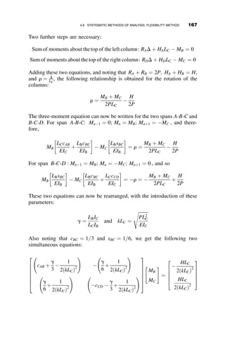 ratios varying from þ1 (equal end-moments causing single curvature
deflection) to 1 (equal end-moments causing an S-shaped deflection curve).
The trend here is that the member becomes stronger as the moment ratio
moves from single-curvature to double-curvature bending. The approximate
curves, shown as dashed lines, are in good agreement with the exact curves.
These latter curves were computed using the amplification factor of equation
4.3. The approximate amplification factor was determined empirically by
Austin (1961). The formula is the following:
wapprox ¼
Cm
1  P
PE
Cm ¼ 0:6 þ 0:4k  0:4
(4.18)
4.5 EXAMPLE PROBLEMS OF BEAM-COLUMN STRENGTH
Three problems are presented that further illustrate the use of the differential
equation approach to solving different loading cases:
1. Example 1 is the solution of a pinned-end beam-column subjected to
a linearly varying distributed load.
M/My
0.0 0.2 0.4 0.6 0.8 1.0
P
/
P
y
0.0
0.2
0.4
0.6
0.8
1.0
“Exact”
“Approximate”
κ =1.0
0.5
0
–0.5
–1.0
Fig. 4.10b Exact and approximate interaction equations compared for beam-columns
of slenderness l ¼ 1:322 ðL=r ¼ 100 for Fy ¼ 50 ksiÞ.
4.5 EXAMPLE PROBLEMS OF BEAM-COLUMN STRENGTH 149
 