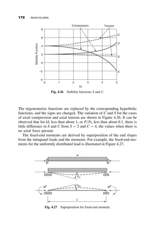 Step 2: End-Moment Case. The deflection equals
vðzÞ ¼
Mo
P
cos kz 
sin kz
tan kL
þ
z
L
 1
 
v0
ðzÞ ¼
Mo
P
k  sin kz 
k  cos kz
tan kL
þ
1
L
 
The slope at the left support is
v0
ð0Þ ¼
Mo
PL
1 
kL
tan kL
 
For a fixed-end condition, the sum of the two slopes is zero.
wL3
EI  ðkLÞ3
b 
kL
2
 
¼
Mo
PL
1 
kL
tan kL
 
Solving for Mo
Mo
wL
¼
1 þ cos kL þ kL
2 sin kL
kLðsin kL  kL  cos kLÞ
¼ a
Moment at any location z is computed as follows:
From the Distributed Load:
MwðzÞ
wL2
¼ 
EI
wL2
 v00
ðzÞ ¼
1  b  sin kz  cos kz
ðkLÞ2
Mo
P P
L
z
Fig. 4.14 End-moment case.
154 BEAM-COLUMNS
 