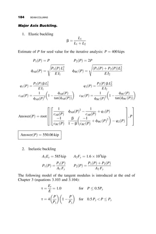 For the case of moving supports (Figure 4.21), replace the right side of
equation 4.25 by
¼ uright
oðn1Þ  uleft
oðnÞ þ rn1  rn (4.26)
Next we illustrate the method of the three-moment equation with two
examples.
TABLE 4.3 End Slopes for Transverse Loads
P P
w
θ θ
L
u ¼
wL3
24 EI
3
ðkL=2Þ3
tan
kL
2

kL
2
 
( )
u ¼
QL2
16 EI
2 1  cos kL
2
  