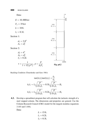 uA ¼ 
S
C
uB þ
C þ S
C

D
L
uC ¼ 
S
C
uB 
C þ S
C

D
L
Substituting these equations into the second and third equation, respectively,
we get
MBA ¼
EI
L
C2
 S2
C
 
uB 
D
L
 
MBC ¼
EI
L
C2
 S2
C
 
uB þ
D
L
 
From equation 4.23, it can be demonstrated that
C2
 S2
C
¼
1
c
¼
ðkLÞ2
1  kL
tan kL
(4.38)
and, therefore
MBA ¼
1
c

EI
L
uB 
D
L
 
MBC ¼
1
c

EI
L
uB þ
D
L
  (4.39)
The next step is to consider equilibrium of the forces acting on the deformed
member, as shown in Figure 4.29. Taking moments about a point just left of
P P
α= spring constant
A B C
L
L
∆
α∆
α∆/2 α∆/2
P P
MBA
MBC
Fig. 4.29 Column with spring restraint at the center.
176 BEAM-COLUMNS
 