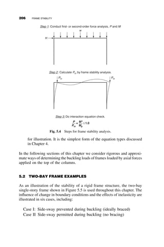 It was shown in Example 4.6 that the moments at the end of a member
segment where the other end is pinned are equal to
MBA ¼
E1I1
L1

1
cAB
uB þ
D
L1
 
MBC ¼
E2I2
L2

1
cBC
uB 
D
L2
 
After introducing the following definitions
r ¼
D
L1
b ¼
L1
L
f2
AB ¼
P1L2
1
E1I1
f2
BC ¼
ðP1 þ P2ÞL2
2
E2I2
w1 ¼
P2bL2
1
E1I1
w2 ¼
P2bL2
1
E2I2
We find the following buckling determinant:
1
cAB
 
f2
AB þ w1 
1
cAB
 
1
cBC
 
b
1  b
 
f2
BC 
1
cBC
 
 w2
 


















¼ 0
The buckling load is finally obtained from solving this equation nume-
rically. The procedure is demonstrated in the following numerical example
182 BEAM-COLUMNS
 
