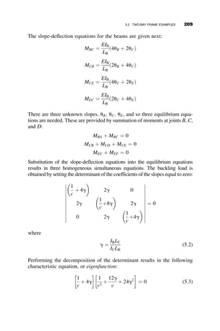 t1ðPÞ ¼





4 p1ðPÞð1  p1ðPÞÞ if p1ðPÞ  0:5
1:0 otherwise
t2ðPÞ ¼





4 p2ðPÞð1  p2ðPÞÞ if p2ðPÞ  0:5
1:0 otherwise
P1ðPÞ ¼ P P2ðPÞ ¼ 2P
fABðPÞ ¼
ﬃﬃﬃﬃﬃﬃﬃﬃﬃﬃﬃﬃﬃﬃﬃﬃﬃﬃﬃ
P1ðPÞ L2
1
E I1t1ðPÞ
s
fBCðPÞ ¼
ﬃﬃﬃﬃﬃﬃﬃﬃﬃﬃﬃﬃﬃﬃﬃﬃﬃﬃﬃﬃﬃﬃﬃﬃﬃﬃﬃﬃﬃﬃﬃﬃﬃﬃﬃﬃﬃﬃ
ðP1ðPÞ þ P2ðPÞÞL2
2
E I2t2ðPÞ
s
F1ðPÞ ¼
P2ðPÞ b L2
1
E I1t1ðPÞ
F2ðPÞ ¼
P2ðPÞ b L2
2
E I2t2ðPÞ
cABðPÞ ¼
1
fABðPÞ2
1 
fABðPÞ
tanðfABðPÞÞ
 
cBCðPÞ ¼
1
fBCðPÞ2
1 
fBCðPÞ
tanðfBCðPÞÞ
 
AnswerðPÞ ¼ root
1
cABðPÞ
fABðPÞ2

1
cABðPÞ
þF1ðPÞ
1
cBCðPÞ
b
1  b
1
cBCðPÞ
þfBCðPÞ2
 
 F2ðPÞ
2
6
6
6
4
3
7
7
7
5


















P
2
6
6
6
4
3
7
7
7
5
AnswerðPÞ ¼ 421:91 kip
Elastic buckling load in top part of column ¼ 550 kip  585 kip, the yield
load.
Elastic buckling load in bottom part of column ¼ 3 	 550 ¼
1;650 kip  1;600 kip, the yield load.
Inelastic buckling load in top part of column ¼ 422 kip  585 kip, the yield
load.
Inelastic buckling load in bottom part of column ¼ 3 	 422 ¼ 1;266 kip
 1;600 kip
The critical buckling load of the column is P ¼ 394 kip, y-axis buckling
of bottom column
4.7.3 Summary of Elastic Beam-column Behavior
Beam-columns are members whose behavior is dictated by neither axial
load nor moment, but rather by the interaction between the two. Because an
4.7 SYSTEMATIC METHODS OF ANALYSIS: THE STIFFNESS METHOD 185
 