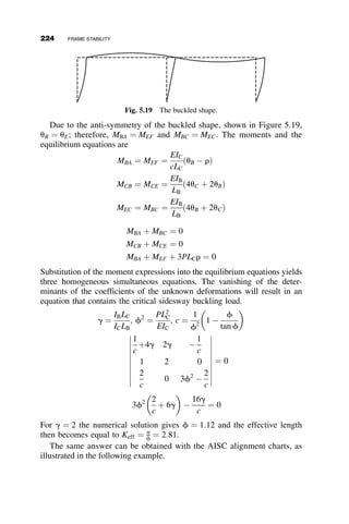 Many such formulas have been recommended and adopted in design codes
over the years. Some of them were based on the attainment of an allowable
stress based on elastic beam-column theory that contained artificial initial de-
flections so that the results would reproduce test strengths. Some specifica-
tions used tables or charts that were based on numerical or experimental
work, while others adopted curve-fit formulas. Mostly, however, design
standards all over the world use interaction equations that relate the axial
force and the flexural forces such that the sum of ratios must be less than or
equal to unity. There are a great many variations of the interaction equations
over time and around the world. Although a study of this history would be
very interesting, it will not be pursued here. Instead, the scheme that has been
part of the AISC LRFD Specification since 1986, and that is now used in the
2005 AISC Specification for Steel Buildings is presented in Chapter 8.
PROBLEMS
4.1. Calculate the tangent-modulus buckling load of the column shown.
Use the slope-deflection method to formulate the buckling determi-
nant. The lower segment of the column has a moment of inertia twice
that of the upper segment of the column. Use a spread-sheet to obtain
numerical results. Calculate also the buckling load assuming elastic
behavior of the material.
Data: Solid circular aluminum column
Diameter of upper segment ¼ 400
Length of column; L ¼ 10000
Fy ¼ 35 ksi
E ¼ 10; 000 ksi
Ramberg-Osgood parameter; n ¼ 20
l ¼
4
3

L
d1
ﬃﬃﬃﬃﬃ
Fy
E
r
p ¼
P
A1Fy
t1ð pÞ ¼
1
1 þ 0:002 n  E
Fy
 pn1
t2ð pÞ :¼
1
1 þ 0:002 n  E
Fy
ð
ﬃﬃﬃ
2
p
 pÞn1
4.2. Calculate the tangent modulus strength of a stepped aluminum column with a
square cross-section and specified Ramberg-Osgood tangent modulus values.
L/3
2L/3
I
2I
P
P
Fig. p4.1
PROBLEMS 199
 