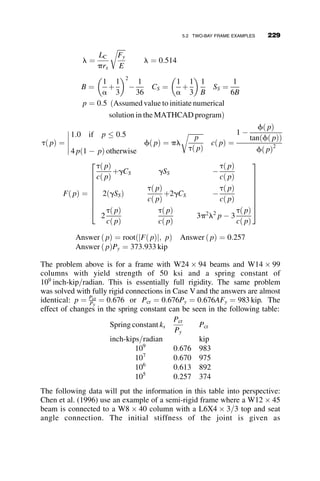 another deflection pattern as it fails by sidesway. This case is shown in
Figure 5.1.
In the unsymmetric case, shown in Figure 5.2, the normal pattern of de-
flection is greatly amplified as the critical load is approached. Unlike single
columns or the symmetric case, the unsymmetric case does not have a bifur-
cation point.
The curves in Figure 5.3 illustrate the load-deflection relationships for the
two types of behavior: In the symmetric buckling case, there is no lateral
deflection D until the critical load wcr is reached. Bifurcation takes place at
this load. That is, the frame may be either undeformed, or it may take a
slightly deflected position. The unsymmetric case, by contrast, deflects later-
ally from the start of loading.
Two types of curves are presented for the unsymmetric case. The
linear load-deflection graph represents the first-order response. In first-order
analysis, the load-deflection response is based on the original undeformed
configuration where equilibrium is formulated on the deflected structure; if
the system is elastic, the response is linear. The nonlinear curve represents
second-order response; with each increment of load the incremental deflec-
tion is a little more than in the previous load increment. If the material re-
mains elastic, the load-deflection curve will asymptotically approach the
critical buckling load, a shown in Figure 5.3.
Undeformed structure Primary deflection, w  wcr Sidesway buckling, w = wcr
Fig. 5.1 Symmetric primary deflection and unsymmetric sidesway buckling.
H = f(w)
w
w  wcr
Δ
Fig. 5.2 Sidesway deflection of the unsymmetric case under combined vertical and
lateral load.
204 FRAME STABILITY
 