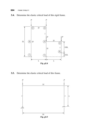 The slope-deflection equations for the beams are given next:
MBC ¼
EIB
LB
ð4uB þ 2uCÞ
MCB ¼
EIB
LB
ð2uB þ 4uCÞ
MCE ¼
EIB
LB
ð4uC þ 2uEÞ
MEC ¼
EIB
LB
ð2uC þ 4uEÞ
There are three unknown slopes, uB; uC; uE, and so three equilibrium equa-
tions are needed. These are provided by summation of moments at joints B, C,
and D:
MBA þ MBC ¼ 0
MCB þ MCD þ MCE ¼ 0
MEC þ MEF ¼ 0
Substitution of the slope-deflection equations into the equilibrium equations
results in three homogeneous simultaneous equations. The buckling load is
obtained by setting the determinant of the coefficients of the slopes equal to zero:
1
c
þ 4g
 
2g 0
2g
1
c
þ8g
 
2g
0 2g
1
c
þ4g
 
























¼ 0
where
g ¼
IBLC
ICLB
(5.2)
Performing the decomposition of the determinant results in the following
characteristic equation, or eigenfunction:
1
c
þ 4g
 
1
c2
þ
12g
c
þ 24g2
 
¼ 0 (5.3)
5.2 TWO-BAY FRAME EXAMPLES 209
 