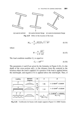 PR connections are those that fall between the idealizations of pinned and
fixed connections. Typical moment rotation curves for all three classes of
connection are shown in Figure 5.21. There has been significant research into
the behavior of PR connections, as well as methods for analysis and design.
The stiffness of the connection is dependent on the load level and is given
as the tangent stiffness of the moment rotation curve. For design purposes,
this may be estimated by the secant stiffness determined by a beam line anal-
ysis, as shown in Figure 5.21. The choice of design stiffness or approach is
beyond the scope of this book. The reader is referred to any of the references
presented at the back of the chapter for insight into how to model a PR frame.
For purposes of considering stability, a general rotational spring stiffness
ks is used. The influence of the magnitude of the spring constants on the
buckling load is also examined. In order to perform the frame buckling anal-
ysis it is necessary to derive the relationship between the end-slopes of a
beam and the corresponding end moments. In the interests of simplicity it is
assumed that the spring constants at each end of a beam are the same, and
that there is no axial force in the beams. For most practical purposes these
assumptions are appropriate. The free-body diagram of the beam with end-
restraints is shown on Figure 5.22.
The slopes at the two ends are given by the following expressions:
uA ¼
MAL
3EI

MBL
6EI
þ
MA
ks
uB ¼ 
MAL
6EI
þ
MBL
3EI
þ
MB
ks
(5.15)
Beam line
Secant stiffness, KS
Moment
Rotation, Θ
MF
ΘF
Connection M-Θ curve
Fig. 5.21 Beam line diagram to determine secant stiffness of the connection.
226 FRAME STABILITY
 