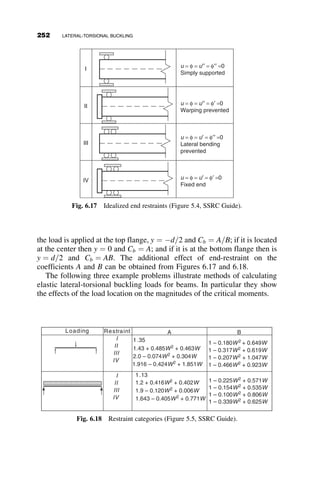 The first two terms represent the end-slopes due to the end moments, the
third term is the contribution of the restraint. The two simultaneous equa-
tions above are solved for the end moments to obtain the slope-deflection
equations. After some algebraic manipulations and the introduction of the
following abbreviations, the slope-deflection equations for beams with end-
restraints are given next.
a ¼
ksL
EI
(5.16)
B ¼
1
a
þ
1
3
 2

1
36
CS ¼
1
a
þ
1
3
 
1
B
(5.17)
SS ¼
1
6B
(5.18)
MA ¼
EI
L
ðCSuA þ SSuBÞ
MA ¼
EI
L
ðSSuA þ CSuBÞ
(5.19)
When ks ¼ a ! 1 it can be shown that CS ¼ 4 and SS ¼ 2. These are the
values used in all the previous cases where the joints between the columns
and the beams were entirely rigid.
In the following derivation the method of obtaining the buckling load of
the two-bay frame of Figure 5.20 is illustrated. From the sway-buckling sol-
ution of the frame with rigid joints, Case II, it is known that the buckling
shape of the frame is antisymmetric and, therefore, uB ¼ uE. The slope-
deflection equations are then the following:
MBC ¼ MEC ¼
EIB
LB
ðCSuB þ SSuCÞ
kS kS
L
EI
MA
θA
θB
MA MB
MB
Fig. 5.22 Beam with semi-rigid connection at its ends.
5.2 TWO-BAY FRAME EXAMPLES 227
 