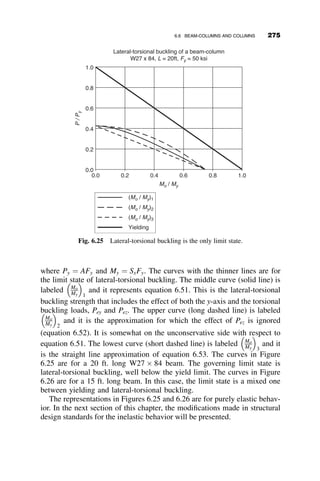 of Cb. A load applied at the tension flange, as shown in 6.15b, will help
stabilize the beam, and it increases the buckling load. A load placed on the
compression flange will destabilize the beam, and then the buckling load is
reduced. The literature on lateral-torsional buckling provides many ways of
dealing with this case.
One approach takes into account both end restraint and load position.
The procedure was developed by Nethercot and Rockey (1972) and Nether-
cot (1983) by fitting equations to numerically obtained values of the critical
moment, and it is reproduced here from Chapter 5 in the SSRC Guide
(Galambos 1998):
The base critical moment is defined by equation 6.10, rewritten here in
the following abbreviated form:
M κM
M
M
M
M
M
κ = –1; Cb= 1.00
κ = 0; Cb= 1.75
κ = 1; Cb= 2.3
Cb= 1.75 + 1.05K + 0.3K
2
≤ 2.3
Fig. 6.13 Salvadori formula for Cb.
L/4 L/4 L/4 L/4
Lateral brace points
Moment diagram
M1
M2 M3
Mmax
12.5
Cb =
2.5 Mmax M1 M2 M3
+3 +3
+4
Mmax
Fig. 6.14 Kirby and Nethercot formula for Cb.
250 LATERAL-TORSIONAL BUCKLING
 