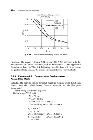 The letters m and r refer to the restrained and the restraining segments,
respectively. The coefficient n ¼ 3 if the far end of the restraining segment
is pinned, n ¼ 4 if it is fixed, and n ¼ 2 if it is continuous. Here n ¼ 3
applies. The effective length factor from the AISC alignment chart for
GA ¼ GB ¼ G ¼ 1:56 is k ¼ 0:83. The critical lateral-torsional moment is
thus equal to:
Mcr ¼
p
0:83ðL=3Þ
ﬃﬃﬃﬃﬃﬃﬃﬃﬃﬃﬃﬃﬃ
EIyGJ
p
ﬃﬃﬃﬃﬃﬃﬃﬃﬃﬃﬃﬃﬃﬃﬃﬃﬃﬃﬃﬃﬃﬃﬃﬃﬃﬃﬃﬃﬃﬃﬃﬃﬃﬃﬃﬃﬃﬃﬃ
1 
p2ECw
GJ½0:83ðL=3Þ2
s
Š
Summary of Important Points—Elastic LTB of Symmetric
Cross-sections
 As the name suggests, lateral torsional buckling is a phenomenon in-
cluding both out-of plane buckling and twisting of the cross-section;
this leads to a beam displacement that includes contributions from
lateral displacement and the angle of twist.
 The twisting of the cross-section includes components of warping
torsion and St. Venant’s torsion, and the resistance of the cross-
section to this twisting is dependant on Cw, the warping constant, and
J, the St. Venant’s torsion constant and the polar moment of inertia.
 The critical moment of the cross-section will vary based on the end
restraint (both lateral and torsional), the moment gradient, and the
placement of the load.
6.5 LATERAL-TORSIONAL BUCKLING OF SINGLY
SYMMETRIC CROSS-SECTIONS
In the previous three sections we considered the lateral-torsional buckling
behavior of wide-flange beams with a doubly symmetric cross-section. In
this part of Chapter 6, we consider the case of the lateral-torsional buckling
of wide-flange beams with a singly symmetric cross-section. (see Figure
6.21).
The differential equations for the simply supported beam under uniform
moment, as shown in Figure 6.3, are equal to (Timoshenko and Gere 1961,
Galambos 1968, Vlasov 1961):
6.5 LATERAL-TORSIONAL BUCKLING OF SINGLY SYMMETRIC CROSS-SECTIONS 259
 