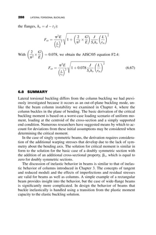 TABLE 6.1 Formulas for Cross-section Properties for the Shape in Figure 6.21
Area of top flange Af1 ¼ bf1tf1
Area of bottom flange Af2 ¼ bf2tf2
Area of web Aw ¼ htw
Area A ¼ Af1 þ Af2 þ Aw
Distance of centroid from top flange y ¼
1
A
Af1tf1
2
þAw tf1 þ
h
2
 
þ Af2 d 
tf2
2
 
 
Moment of inertia about x-axis Ix ¼
bf1t3
f1 þ h3
tw þ bf2t3
f2
12
þAf1 y 
tf1
2
 2
þAw tf1 þ
h
2
y
 2
þAf2 d 
tf2
2
y
 2
Moment of inertia about y-axis Iy ¼
b3
f1tf1 þ b3
f2tf2 þ ht3
w
12
Distance from centroid to center of top flange y ¼ y 
tf1
2
Distance between flange centers ho ¼ d 
tf1 þ tf2
2
a a ¼
1
1 þ
bf1
bf2
 3
tf1
tf2
 
Distance between centroid and shear center yo ¼ aho  y
bx bx ¼
1
Ix
ho  y
  b3
f2tf2
12
þbf2tf2 ho  y
 2
þ
tw ho  y
 3
4
2
6
4
3
7
5
y
b3
f1tf1
12
þbf1tf1y
2
þ
twy
3
4
!
8















:
9







=







;
 2yo
Warping constant Cw ¼
h2
ob3
f1tf1a
12
 