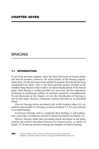 maximum permissible nominal moment is reached is the point Lr indicated
in Figure 6.22. This length is obtained by setting Mocr ¼ Mn in equation
6.29, resulting in the following equation:
Lr ¼
A1
Mn
ﬃﬃﬃﬃﬃﬃﬃﬃﬃﬃﬃﬃﬃﬃﬃﬃﬃﬃﬃ
2Mn
A1
þ A2
r
(6.30)
For Fy ¼ 65 ksi; Lr ¼ 360 in: ¼ 30 ft: or L
ry
¼ 151. Also shown in Figure 6.22
in dotted lines is the critical moment curve for a beam with Fy ¼ 50 ksi.
The relations between the critical moment and the length in the negative
region of Figure 6.22 are obtained from equation 6.29 when the negative
sign is used. In this case, the tip of the stem of the T-shape is in compres-
sion. Such a situation is not very common in practice, but it needs to be also
investigated. The AISC (2005) Specification Section F9 prescribes the upper
limit of the nominal moment to be the yield moment, My. Two types of be-
havior are possible: (1) the yield moment is reached, as shown by the dashed
line for Fy ¼ 50 ksi, at a length Lr that can be determined from equation
6.30 by setting Mocr ¼ My into equation 6.29 and solving for
Lr ¼
A1
My
ﬃﬃﬃﬃﬃﬃﬃﬃﬃﬃﬃﬃﬃﬃﬃﬃﬃﬃﬃ
A2 
2My
A1
r
(6.31)
and (2) the yield moment is not achieved. In this latter case, equation 6.29 is
solved for the critical moment for a zero length member. Substitution results
in Mocr ¼ 0
0, and L’Hospital’s rule from calculus must be used to obtain an
answer, as shown in the next few lines of derivation:
lim Mocr as L ! 0 ¼
d A1 1ðA2L2þ1Þ
1
2
 
