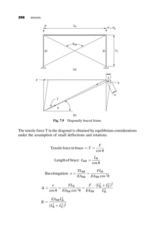 The beam will fail by elastic lateral-torsional buckling if the bottom flange
is in compression.
Elastic Critical Moment (equation 6.35):
Case I: top flange in compression
Iyc ¼
b3
f1t f1
12
¼ 62:5 in:4
B1 ¼ 2:25 2
Iyc
Iy
1
 
ho
L
ﬃﬃﬃﬃ
Iy
J
r
¼ 1:17
B2 ¼ 25
ho
L
 2
Iyc
J
1 
Iyc
Iy
 
¼ 1:15
Mocr ¼
p
L
ﬃﬃﬃﬃﬃﬃﬃﬃﬃﬃﬃﬃﬃ
EIyGJ
p
B1 þ
ﬃﬃﬃﬃﬃﬃﬃﬃﬃﬃﬃﬃﬃﬃﬃﬃﬃﬃﬃﬃﬃﬃﬃﬃ
1 þ B2 þ B2
1
q
 
¼ 14; 33000
kðvs: 1488000
kÞ
Case II: bottom flange in compression
Iyc ¼
b3
f2t f2
12
¼ 7:8 in:4
B1 ¼ 2:25 2
Iyc
Iy
1
 
ho
L
ﬃﬃﬃﬃ
Iy
J
r
¼ 1:18
B2 ¼ 25
ho
L
 2
Iyc
J
1 
Iyc
Iy
 
¼ 1:12
Mocr ¼
p
L
ﬃﬃﬃﬃﬃﬃﬃﬃﬃﬃﬃﬃﬃ
EIyGJ
p
B1 þ
ﬃﬃﬃﬃﬃﬃﬃﬃﬃﬃﬃﬃﬃﬃﬃﬃﬃﬃﬃﬃﬃﬃﬃﬃ
1 þ B2 þ B2
1
q
 
¼ 326300
kðvs: 319200
kÞ
Š
6.6 BEAM-COLUMNS AND COLUMNS
The lateral-torsional stability of doubly and singly symmetric beams was
examined in the previous sections of this chapter. This section will describe
the extension of the theory to include beam-columns and columns. A gener-
al formula that will incorporate the lateral-torsional stability of beams,
columns, and beam-columns will be derived. The loading and geometry are
shown in Figure 6.24. This Figure is the same as Figure 6.3, except that an
axial load that acts through the centroid of the cross-section is added.
270 LATERAL-TORSIONAL BUCKLING
 
