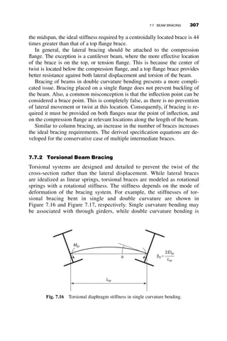 Inelastic flexural-torsional buckling
of a WT5 x 15 column Fy = 50 ksi
Length (in.)
0 50 100 150 200 250 300
0
10
20
30
40
50
Buckling about x-axis
Buckling about y-axis
Flexural-torsional buckling
F
cr
(ksi)
Fig. 6.28 Inelastic flexural-torsional buckling of a pinned-end T-column.
Flexural-torsional buckling of a WT5 x 15 column
Length (in.)
0 50 100 150 200 250 300
0
50
100
150
200
Buckling about x-axis
Buckling about y-axis
Flexural-torsional
buckling strength
(Eq.6.46)
F
cr
(ksi)
Fig. 6.27 Elastic flexural-torsional buckling of a pinned-end T-column.
6.6 BEAM-COLUMNS AND COLUMNS 277
 