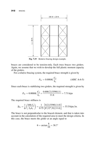 For example, if E
Fy
¼ 29;000
50 and d
t ¼ 10, then
L
t
¼
75:4
Mcr
Mp
 	 if
Mcr
Mp

2
3
L
t
¼
75:4
ﬃﬃﬃﬃﬃﬃﬃﬃﬃﬃﬃﬃﬃﬃﬃﬃﬃ
3  3 Mcr
Mp
q
Mcr
Mp
 	 if 1:0 	
Mcr
Mp

2
3
(6.66)
The resulting curve is given in Figure 6.32. In the inelastic region there is a
curve that ends at Mcr ¼ Mp when the length approaches zero, as one should
expect.
The example of the lateral-torsional buckling of the beam with a thin rec-
tangular cross-section was an easy problem. The inelastic lateral-torsional
buckling of a wide-flange beam with residual stresses and having different
loading and boundary conditions, is a much more difficult problem. Never-
theless, many cases have been solved, and accompanying experiments have
provided confidence in the solutions. It is not expected that such calcula-
tions, or even the direct use of the numerical and/or experimental data, will
be used in the daily work in design offices. Structural design codes have
criteria that specify some form of a transition from the end of the elastic
Inelastic and elastic lateral-torsional buckling
of a thin rectangular beam.
Fy = 50 ksi, E = 29,000 ksi, d / t = 10
L / t
M
cr
/
M
p
0 50 100 150 200 250
0.0
0.2
0.4
0.6
0.8
1.0
Inelastic
buckling
Elastic
buckling
Fig. 6.32 Lateral-torsional buckling curve for a narrow rectangular beam.
282 LATERAL-TORSIONAL BUCKLING
 