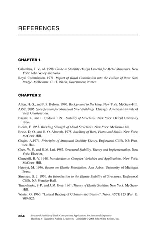 It is useful to note that while B1 is based on member properties, B2 is a story-
based stiffness. In moment frames, the sidesway instability is a modeled as a
story phenomenon rather than a member phenomenon. The basis of the
stability provisions for sway frames is that no single column can buckle in a
sidesway mode; instead, all columns in a story buckle simultaneously. Thus
B1 must be calculated for each member, while B2 is calculated at each story
level. Unfortunately, no provisions are given in the specification for buildings
in which the stories do not line up—for example, the frame shown in Figure
8.6. In this type of frame, the B2 factor for the right side column cannot be
easily calculated from the specification approach. In frames such as this, a
direct second-order analysis is typically the more prudent choice.
Since many frames are drift controlled, it is possible to calculate Pe2
based on a target drift limit rather than a first order analysis. For example, if
the target drift is L
D ¼ 500, then Pe2 ¼ 0:85ð500Þ
P
H, which can be used to
approximate B2. Since B2 is a story stiffness, any lateral load may be used to
determine its value in a first-order analysis. It is often convenient to simply
use a predetermined percentage of the total gravity load.
It is important to note that the second-order amplification affects not only
the beam column, but also the moments in any adjoining members and con-
nections as required by equilibrium. Per the commentary to Chapter C:
The associated second-order internal moments in connected members can
be calculated satisfactorily in most cases by amplifying the moments in the
members of the lateral load resisting system, in other words, the columns
and the beams, by their corresponding B1 and B2 values. For beam
members, the larger of the B2 values from the story above or below is used.
While more time-consuming, a better estimate of the moments in adjoining
members can be achieved by considering free body diagrams of the joints,
and appropriate distribution of the amplified moments. In general, the ap-
proximate approach is preferable for design purposes, unless a more
Fig. 8.6 Framing system with nonuniform stories.
334 SPECIFICATION-BASED APPLICATIONS OF STABILITY IN STEEL DESIGN
 