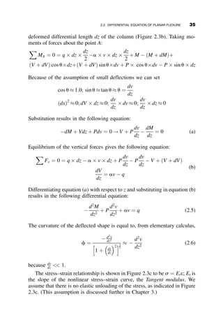 ¼ 0 (1.27)
Decomposition of the determinant leads to the following quadratic equation:
3
P
kL
 2
4
P
kL
þ 1 ¼ 0 (1.28)
This equation has two roots, giving the following two critical loads:
Pcr1 ¼ kL
Pcr2 ¼
kL
3
(1.29)
Pin
Rigid bar
k k
P P
R1 R2
P
P
1 2
3 4
(a)
(b)
L L L
k∆1 k∆2
∆1 ∆2
Fig. 1.16 Three-bar structure with intermediate spring supports.
1.5 MULTI-DEGREE-OF-FREEDOM SYSTEMS 21
 