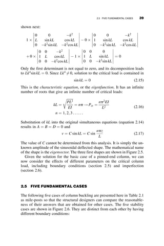 1.4. In the mechanism a weightless infinitely stiff bar is pinned at the point
shown. The load P remains vertical during deformation. The weight W
does not change during buckling. The spring is unstretched when the
bar is vertical. The system is disturbed by a moment Mo at the pin.
a. Determine the critical load P according to small deflection
theory.
b. Calculate and plot the equilibrium path p  u for 0  u  p
2
when uo ¼ 0 and
uo ¼ 0:01; p ¼
PL  Wb
ka2
and uo ¼
Mo
ka2
; a ¼ 0:75L and b ¼ 1:5L:
a
a
P
P
Rigid bars
EI
P
P
L L L
Fig. p1.3
P
k
L
1.5L
0.75L
Mo
W
θ
Fig. p1.4
PROBLEMS 25
 