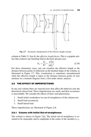 planar flexure. This very general case can be used to examine the numerous
parametric variations of the basic problem, such as effects of imperfections
and boundary conditions.
2.2 LARGE-DEFLECTION SOLUTION OF
AN ELASTIC COLUMN
We start the study of the buckling of elastic compression elements by con-
sidering a pinned-end prismatic column of length L and moment of inertia I,
subject to a concentric axial force P, as shown in Figure 2.1. We assume that
the column is:
 Perfectly straight
 Elastic
 Prismatic
Until the buckling load is reached, the column remains perfectly straight. At
the point of buckling, there is a bifurcation of the deformation path. Equili-
brium is considered in the deflected position of the member.
L
P
P
v
s z
θo
ds
dv
θ
dz
P
P
z
v
M(z)
Fig. 2.1 Buckled shape of elastic column.
2.2 LARGE-DEFLECTION SOLUTION OF AN ELASTIC COLUMN 29
 