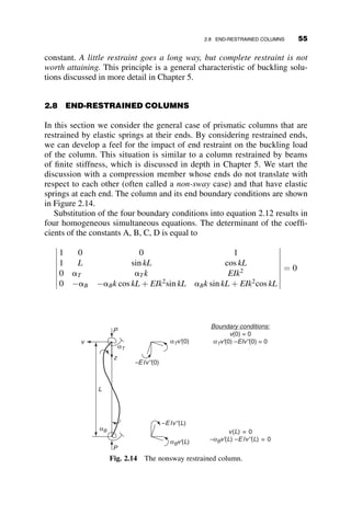 TABLE 2.1 Five Fundamental Cases of Column Bukling
Case
Boundary
Conditions
Buckling
Determinant
Eigenfunction
Eigenvalue
Buckling Load
Effective
Length
Factor
I vð0Þ ¼ v00
ð0Þ ¼ 0
vðLÞ ¼ v00
ðLÞ ¼ 0
1 0 0 1
0 0 0 k2
1 L sin kL cos kL
0 0 k2
sin kL k2
cos kL
















sin kL ¼ 0
kL ¼ p
Pcr ¼ PE
1.0
II
vð0Þ ¼ v00
ð0Þ ¼ 0
vðLÞ ¼ v0
ðLÞ ¼ 0
1 0 0 1
0 0 0 k2
1 L sin kL cos kL
0 1 k cos kL k sin kL
















tan kl ¼ kl
kl ¼ 4:493
Pcr ¼ 2:045 PE
0.7
III
vð0Þ ¼ v0
ð0Þ ¼ 0
vðLÞ ¼ v0
ðLÞ ¼ 0
1 0 0 1
0 1 k 0
1 L sin kL cos kL
0 1 k cos kL k sin kL
















sin
kL
2
¼ 0
kL ¼ 2p
Pcr ¼ 4 PE
0.5
IV v000
ð0Þ þ k2
v0
¼ v00
ð0Þ ¼ 0
vðLÞ ¼ v0
ðLÞ ¼ 0
0 0 0 k2
0 k2
0 0
1 L sin kL cos kL
0 1 k cos kL k sin kL
















cos kL ¼ 0
kL ¼
p
2
Pcr ¼
PE
4
2.0
V v000
ð0Þ þ k2
v0
¼ v0
ð0Þ ¼ 0
vðLÞ ¼ v0
ðLÞ ¼ 0
0 1 k 0
0 k2
0 0
1 L sin kL cos kL
0 1 k cos kL k sin kL
















sin kL ¼ 0
kL ¼ p
Pcr ¼ PE
1.0
I II III IV V
Fig. 2.6 Elementary buckling cases.
2.5 FIVE FUNDAMENTAL CASES 41
 