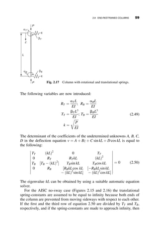 From which
C k2

p2
L2
 
¼ vo; D ¼ 0
After some algebra and the introduction of the lowest buckling load PE (i.e.,
n ¼ 1) in equation 2.16,
PE ¼
p2
EI
L2
(2.21)
we obtain the following equation for the deflection:
v ¼ vH þ vP ¼ A sin kz þ B cos kz þ
P=PE
1  P=PE
vo sin
pz
L
(2.22)
Substitution of the boundary conditions vð0Þ ¼ vðLÞ ¼ 0 gives A ¼ 0 and
B ¼ 0, and thus
v ¼
P=PE
1  P=PE
vo sin
pz
L
(2.22)
The total deflection is the sum of the original initial deflection (equation
2.19) and the additional deflection due to P
vtotal ¼ vi þ v ¼
vo sin pz
L
1  P=PE
(2.23)
The total deflection at the middle of the column (at z ¼ L=2) becomes then
equal to
vTotal=L ¼
vo=L
1  P=PE
(2.24)
The initial out-of-straightness vo is the fabrication tolerance for straightness in
the rolling mill, and in North American practice it is usually 1/1,000 of the
length. This is a small amount, and it is not detectable by eye. However, as the
ratio P=PE approaches unity, the deflection becomes intolerably high, as can be
observed in the curve shown in Figure 2.9. Since it is practically impossible to
construct a column that has no imperfections, it is not possible to exceed the
first mode of the buckling load; thus, n ¼ 1 gives the governing buckling load
for the pinned-end column that buckles elastically. This critical load, given as
equation 2.21, will be the basic case against which critical loads of columns
with other pinned boundary conditions will be compared. The subscript E thus
denotes elastic, although often in the literature it also stands for Euler after the
Swiss mathematician who first derived the formula in 1754.
In the previous discussion, it was assumed that the initial deformation is a
one-half sine wave. The question is now: What happens if the initial shape
2.6 THE EFFECT OF IMPERFECTIONS 45
 