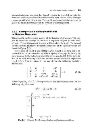 P is the axial load, A is the area and S is the elastic section modulus of the
cross-section. sy is the yield stress and v is the initial deflection at the center
of the column. Note that Av
S ¼ Acv
I ¼ cv
r2 ¼ cv
L2
L
r

 2
, where I is the moment of
inertia, c is the distance from the neutral axis to the outer fiber of the cross-
section, r is the radius of gyration, and L is the column length. The formula
is then in the following form:
scr ¼
P
A
¼
sy
1 þ

 cv
L2

 L
r
2
¼
sy
1 þ a

 L
r
2
(2.35)
The coefficient a is obtained by calibration to test data. For example, the
column formula in the 1923 Specification for steel building structures of
the American Institute of Steel Construction (AISC) was of this form. There
were many variants in use, and there probably are still extant some codes
that use it. In the 1923 AISC Specification, the formula is as follows for a
yield stress of 33 ksi and a factor of safety of 33=18:
scr
FS
¼
18 scr
33
¼
18
1 þ 1
18;000

 L
r
2
 15 ksi (2.36)
The Perry-Robertson formula has been used in many countries, and it is
still in the current Australian steel design standard. It is derived as
follows:
v ¼
vo
1  P=PE
¼
vo
1  scr
sE
¼
vosE
sE  scr
sy ¼ scr 1 þ h
sE
sE  scr
 	
 
Solving for the critical stress, one obtains
scr ¼
1
2
½sy þ sEð1 þ hÞ 
ﬃﬃﬃﬃﬃﬃﬃﬃﬃﬃﬃﬃﬃﬃﬃﬃﬃﬃﬃﬃﬃﬃﬃﬃﬃﬃﬃﬃﬃﬃﬃﬃﬃﬃﬃﬃﬃﬃﬃﬃﬃﬃﬃﬃﬃﬃﬃﬃﬃﬃﬃﬃﬃﬃﬃﬃﬃﬃﬃﬃﬃ
1
2
sy þ sE 1 þ h
ð Þ
 