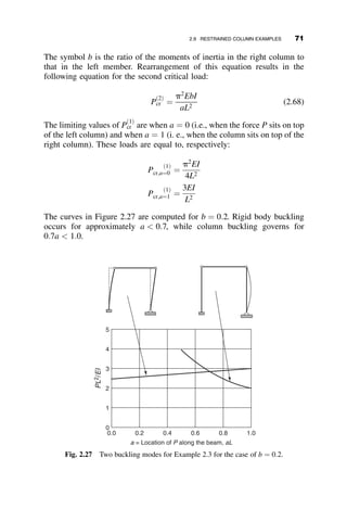 Remembering that k ¼
ﬃﬃﬃﬃ
P
EI
q
and introducing the nondimensional spring
constant ratios
RT ¼
aTL
EI
RB ¼
aBL
EI
(2.40)
the algebraic decomposition of the determinant results in the following
eigenfunction:
2RT RB þ sin kL½RTRBkL  kLðRT þ RBÞ  ðkLÞ3

þcos kL½2RTRB þ ðkLÞ2
ðRT þ RBÞ ¼ 0
(2.41)
Solving equation 2.41 numerically for the smallest kL gives the critical
buckling load. The limiting cases of this equation are the cases of both ends
pinned (aT ¼ aB ¼ 0 ! RT ¼ RB ¼ 0), and of both ends fixed (aT ¼ aB ¼
1 ! RT ¼ RB ¼ 1). After some algebraic and trigonometric manipula-
tions it can be demonstrated the eigenfunction for the pinned end column is
equal to sin kL ¼ 0 and for the fixed end column it equals sin kL
2 ¼ 0. These
are indeed the same functions as are shown in Table 2.1 for Cases I and III.
Thus, equation 2.41 encloses all the intermediate conditions between the
totally pinned ends and the totally fixed ends. The critical load thus varies
from Pcr ¼ PE to 4PE, and the effective length varies from K ¼ 1:0 to 0.5.
The buckling condition of equation 2.41 is directly applicable for the sit-
uation where the elastic rotational spring constants aT and aB are known.
Following, we consider the specialization of the expression for the case of a
planar rigid frame. Such an application is within the everyday task of struc-
tural design engineers. An example is illustrated in Figure 2.15. We assume
that the far ends of the top and bottom beams have the same slope as the
near ends. This is not the correct situation for this given problem, but it is
the assumption that governs the effective length determination in the AISC
Specification (AISC 2005).
The top and bottom spring constants are:
aT ¼
2EIgT
LgT
! RT ¼
2ðIgT=LgT Þ
ðIC=LCÞ
(2.42)
aB ¼
2EIgB
LgB
! RB ¼
2ðIgB=LgBÞ
ðIC=LCÞ
(2.43)
56 ELASTIC BUCKLING OF PLANAR COLUMNS
 