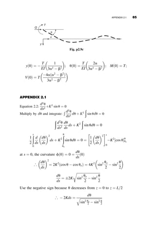 From Figure 2.26a it is seen that F ¼ ð1  aÞP, and thus
ðkLÞ2
¼
PL2
EI
ð1  aÞ (2.64)
From equation 2.61, in Example 2.2 we know that there are two critical
loads for the column that is restrained by a spring at the top: the rigid-body
rotation mode, and the Euler buckling mode. The axial load in the right
column is aP, as shown in Figure 2.26b. The first buckling load is obtained
from the first of equation 2.61:
ðaPcrÞð1Þ
¼ bL ¼ ð1  aÞP
kL cos kL
sin kL  kL cos kL
 	
(2.65)
The left and right sides of equation 2.65 are rearranged and kL from
equation 2.64 is substituted to result in the following two equations:
aPL2
EI
¼
aPL2
EI
1  a
1  a
¼
a
1  a
ðkLÞ2
ð1  aÞPL2
EI
kL cos kL
sin kL  kL cos kL
 	
¼ ðkLÞ2 kL cos kL
sin kL  kL cos kL
 	
If these are again substituted into equation 2.65, the following buckling
equation results:
a
1  a

kL cos kL
sin kL  kL cos kL
¼ 0 (2.66)
This equation can then be solved for kL by an automatic equation solver
routine. The critical load is then obtained from equation 2.64:
P
ð1Þ
cr ¼
ðkLÞ2
EIð1  aÞ
L2
(2.67)
The second critical load is when the critical right column fails as a pinned-
end member according to the second of equation 2.61:
aP
ð2Þ
cr ¼
p2
EbI
L2
70 ELASTIC BUCKLING OF PLANAR COLUMNS
 