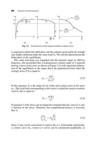 Shear equilibrium at x ¼ L=3 and z ¼ 0: Py0
1ðL=3Þ þ EIy000
1 ðL=3Þ ¼
2Py0
2ð0Þ þ 2EIy000
2 ð0Þ. This relationship can be derived from equation 2.5.
From the two boundary conditions at the top of the column it can be dem-
onstrated that D1 ¼ A1, and thus y1 ¼ B1x þ C1 sin kx. Performing the op-
erations in the remaining six conditions leads to the following homogeneous
simultaneous equations:
A2 þ B2
2L
3
þC2 sin
2kL
3
 	
þ D2 cos
2kL
3
 	
¼ 0
B2L þ C2kL cos
2kL
3
 	
 D2kL sin
2kL
3
 	
¼ 0
B1
L
3
þC1sin
kL
3
 	
 A2  D2 ¼ 0
B1L þ C1kL cos
kL
3
 	
 B2L  C2kL ¼ 0
C1sin
kL
3
 	
þ D2 ¼ 0
B1L  2B2L ¼ 0
Setting the determinant of the coefficients of the unknown deflection
amplitudes equal to zero, shown on the following MATHCAD solver
equation, gives the following eigenvalue for the unknown parameter
kL ¼ 4:712. Since k2
L2
¼ PL2
EI ¼ 22:20, the critical buckling load becomes
equal to Pcr ¼ 22:20 EI
L2 ¼ 22:20
p2
p2EI
L2 ¼ 2:25PE. PE is the Euler load.
Ans ¼ root
0 0 1
2
3
sin
2 
 kL
3
 	
cos
2 
 kL
3
 	
0 0 0 1 kL 
 cos
2 
 kL
3
 	
 kL 
 sin
2 
 kL
3
 	
 	
1
3
sin
kL
3
 	
1 0 0 1
1 kL 
 cos
kL
3
 	
0 1 kL 0
0 sin
kL
3
 	
0 0 0 1
1 0 0 2 0 0
2
6
6
6
6
6
6
6
6
6
6
6
6
6
6
6
6
6
6
6
6
6
4
3
7
7
7
7
7
7
7
7
7
7
7
7
7
7
7
7
7
7
7
7
7
5






















































; kL
2
6
6
6
6
6
6
6
6
6
6
6
6
6
6
6
6
6
6
6
6
6
4
3
7
7
7
7
7
7
7
7
7
7
7
7
7
7
7
7
7
7
7
7
7
5
2.9 RESTRAINED COLUMN EXAMPLES 73
 