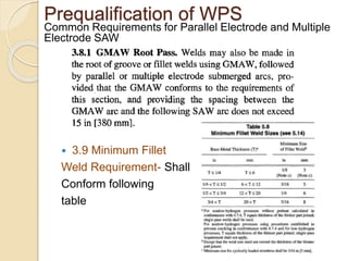  3.9 Minimum Fillet
Weld Requirement- Shall
Conform following
table
Prequalification of WPS
Common Requirements for Parallel Electrode and Multiple
Electrode SAW
 