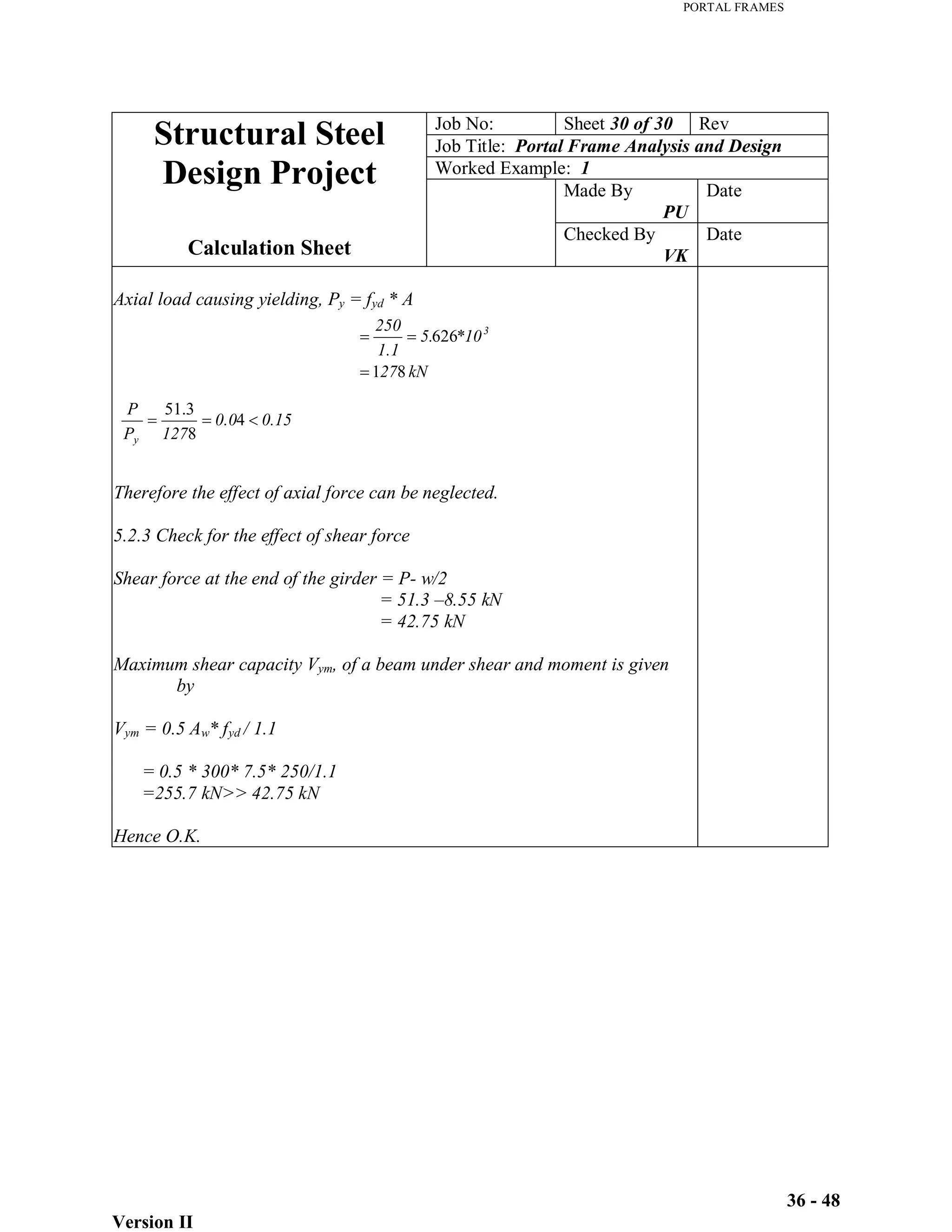 PORTAL FRAMES
Version II
36 - 48
kN
27
*10
5.
1.1
250 3
8
1
626
Job No: Sheet 30 of 30 Rev
Job Title: Portal Frame Analysis and Design
Worked Example: 1
Made By
PU
Date
Structural Steel
Design Project
Calculation Sheet
Checked By
VK
Date
Axial load causing yielding, Py = fyd * A
Therefore the effect of axial force can be neglected.
5.2.3 Check for the effect of shear force
Shear force at the end of the girder = P- w/2
= 51.3 –8.55 kN
= 42.75 kN
Maximum shear capacity Vym, of a beam under shear and moment is given
by
Vym = 0.5 Aw* fyd / 1.1
= 0.5 * 300* 7.5* 250/1.1
=255.7 kN>> 42.75 kN
Hence O.K.
0.15
0.0
127
P
P
y
4
8
3
.
51
 