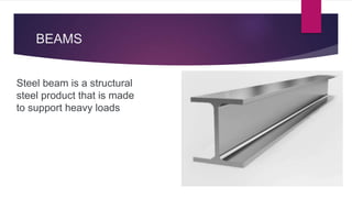BEAMS
Steel beam is a structural
steel product that is made
to support heavy loads
 